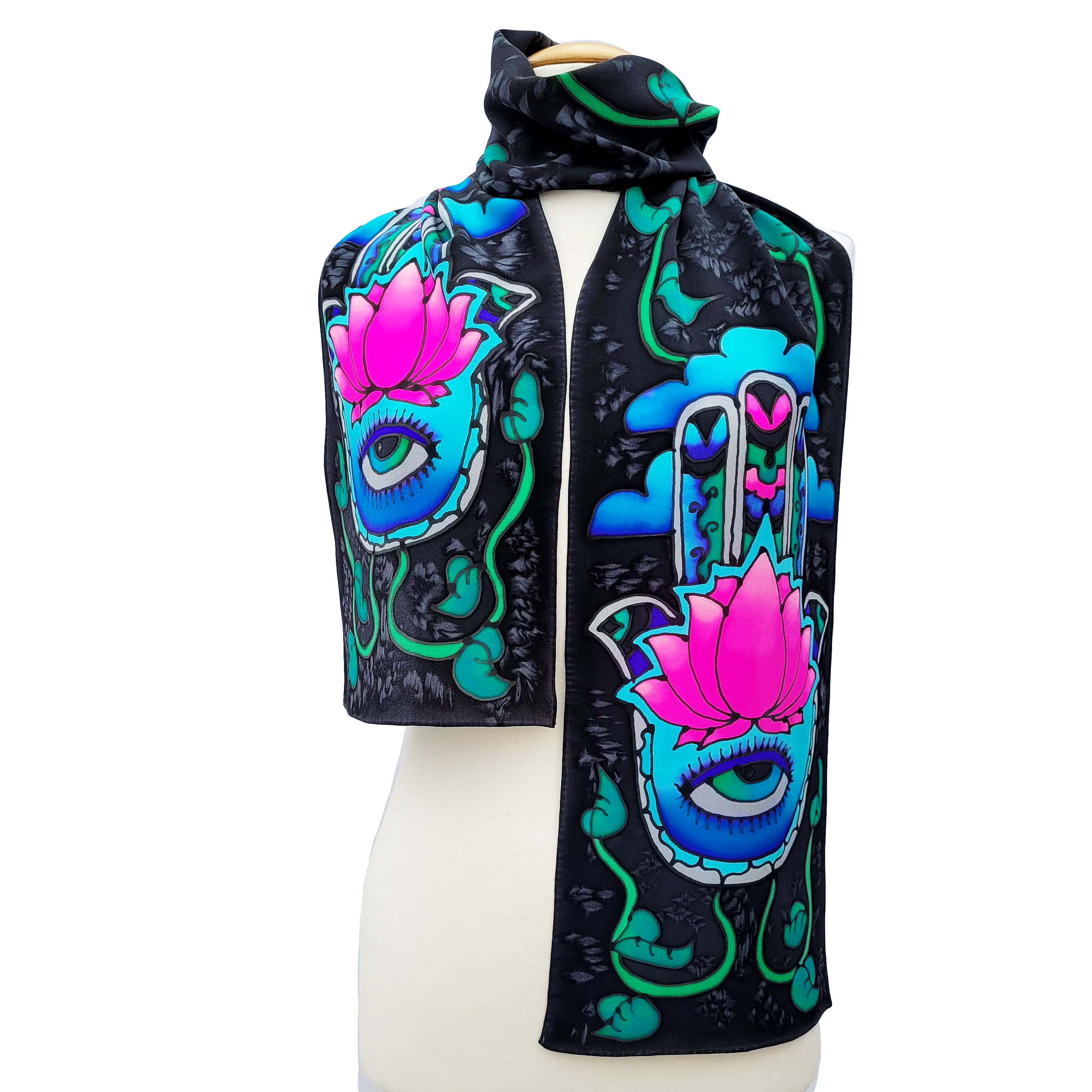 pure silk scarf hand painted hand of fatima art design black pink color handmade by Lynne Kiel