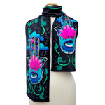 Load image into Gallery viewer, pure silk long scarf hand painted hand of fatima art design black pink color handmade by Lynne Kiel
