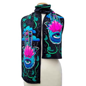 pure silk long scarf hand painted hand of fatima art design black pink color handmade by Lynne Kiel