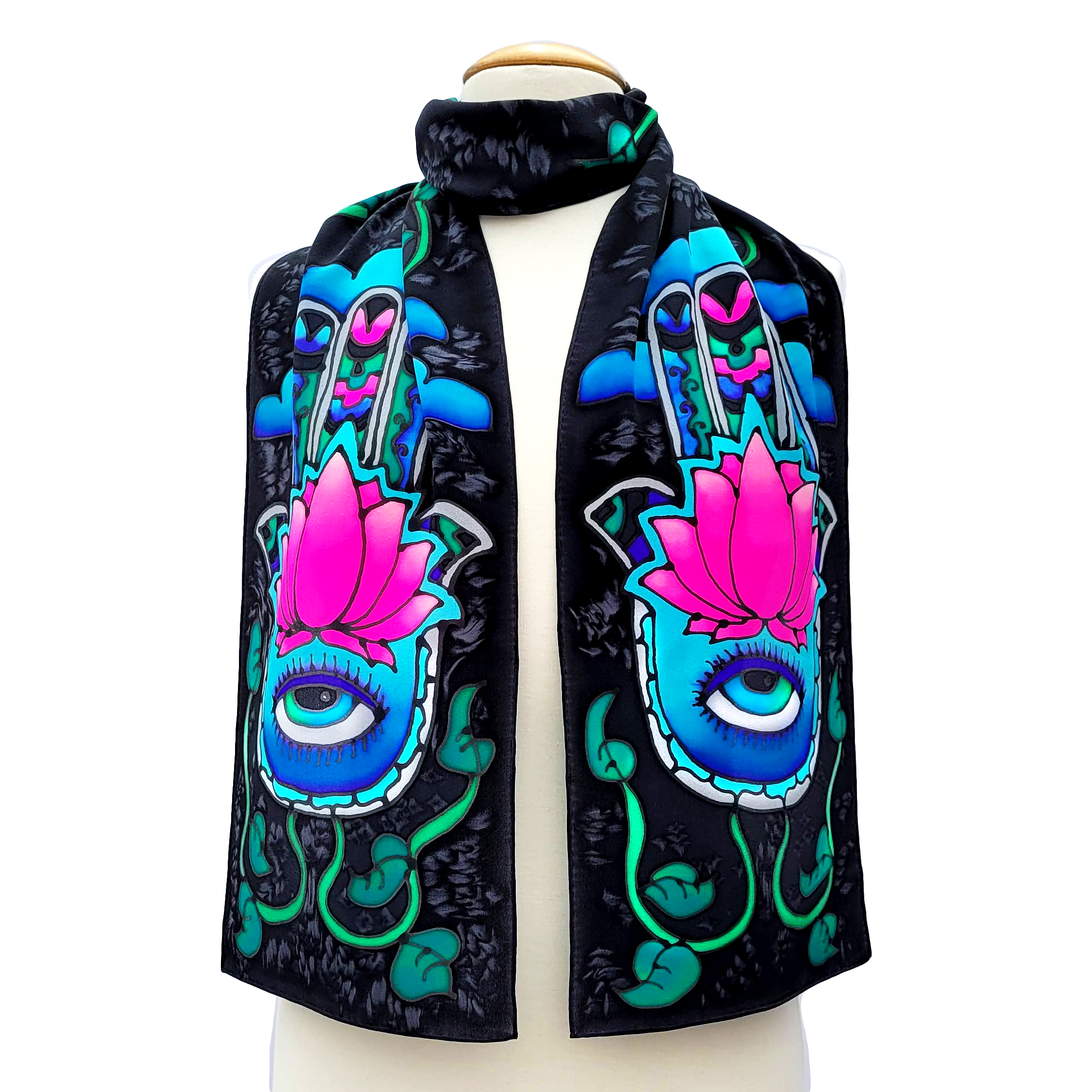 hand painted silk scarf pink black colour hand of fatima art design handmade by Lynne Kiel