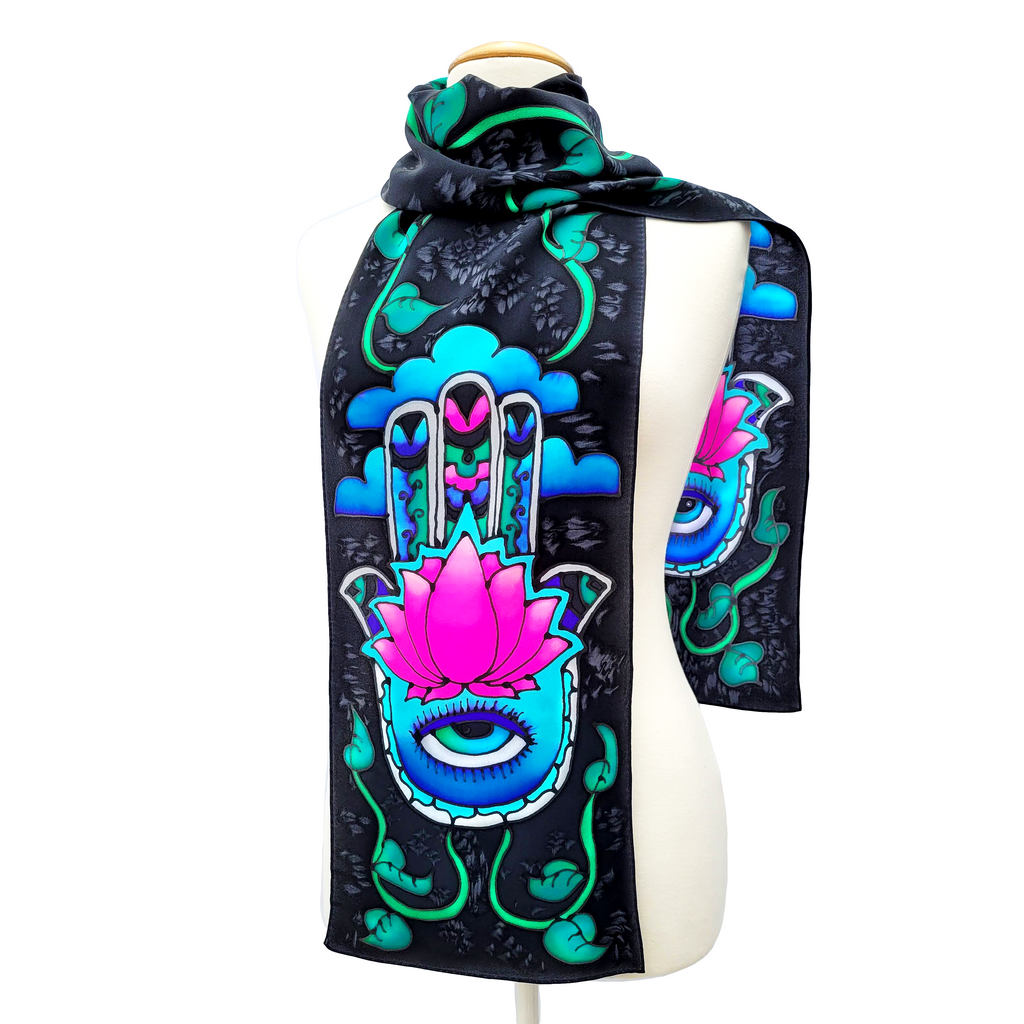 pure silk black scarf hand painted hand of fatima art design handmade by Lynne Kiel
