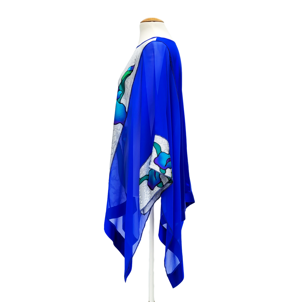 side view hand painted royal blue iris art design ladies caftan top handmade in Canada by lynne kiel