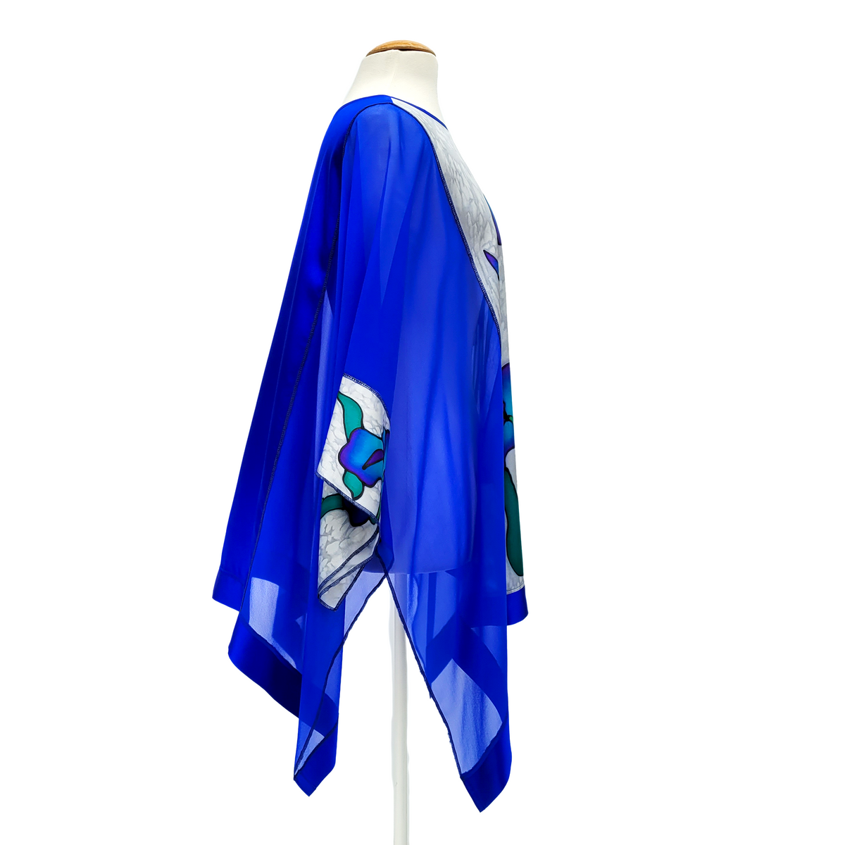 side view hand painted pure silk ladies top royal blue handmade by Lynne Kiel