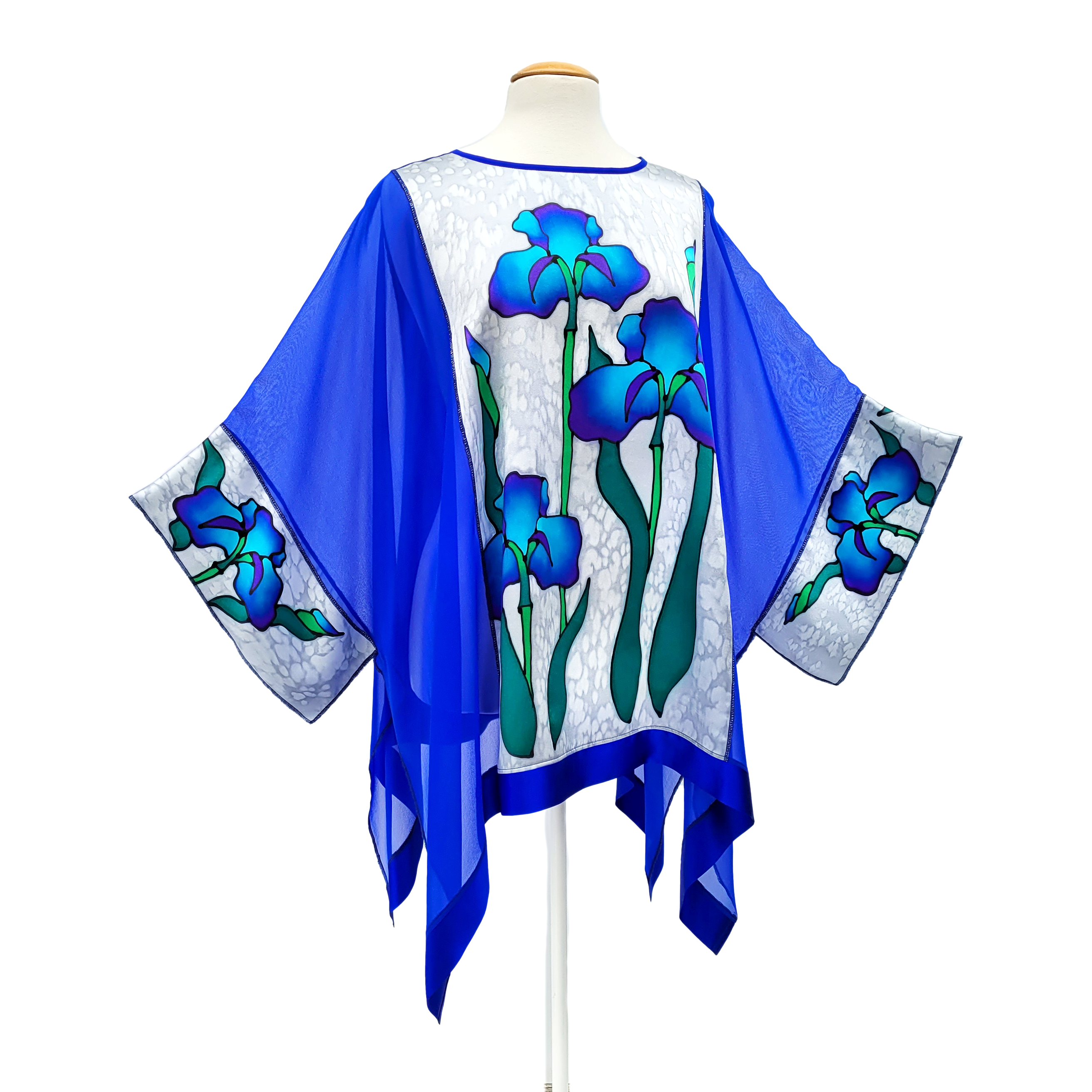 pure silk one size ladies top caftan style hand painted iris art design silver and royal blue colors handmade by Lynne Kiel