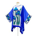 Load image into Gallery viewer, one size ladies top hand painted silk iris art design royal blue and silver color handmade in canada by Lynne Kiel
