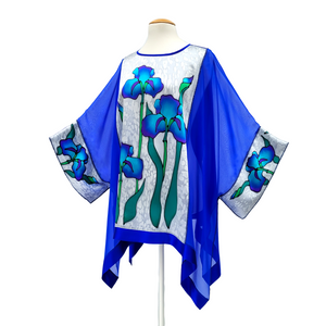 one size ladies top hand painted silk iris art design royal blue and silver color handmade in canada by Lynne Kiel