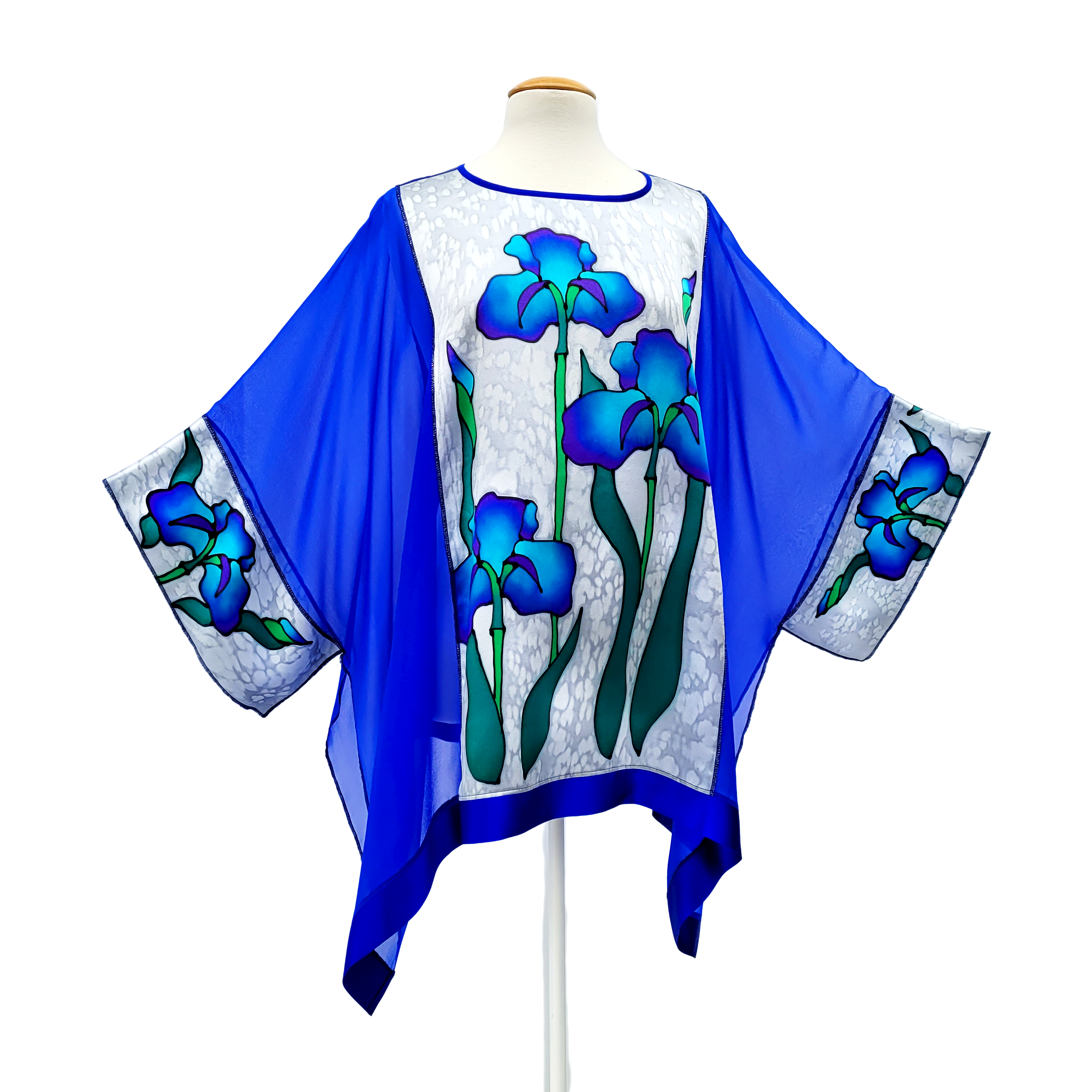 hand painted iris art design pure silk caftan top one size ladies shirt handmade by lynne kiel