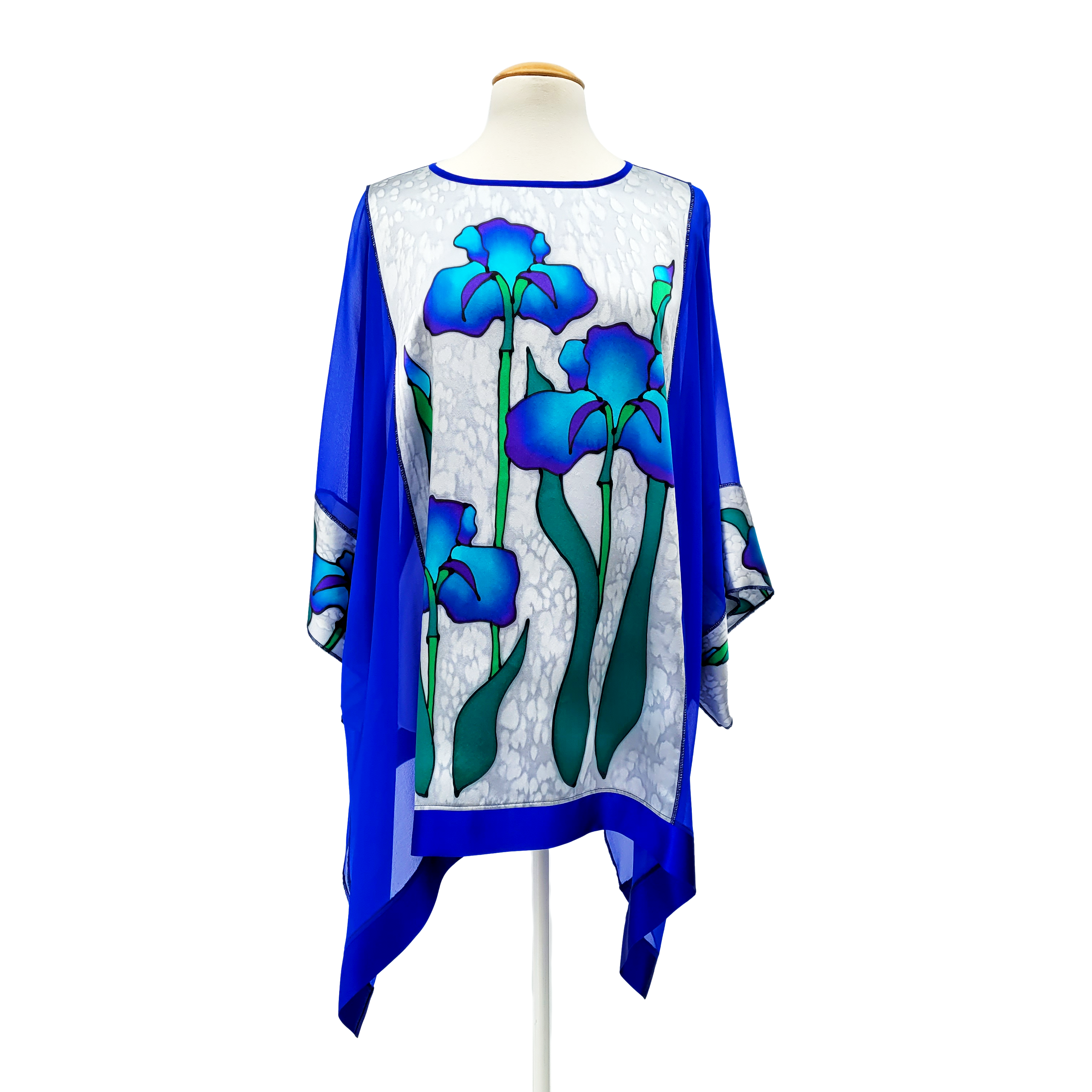 iris art design in silver and royal blue hand painted pure silk one size ladies top hand made by Lynne Kiel