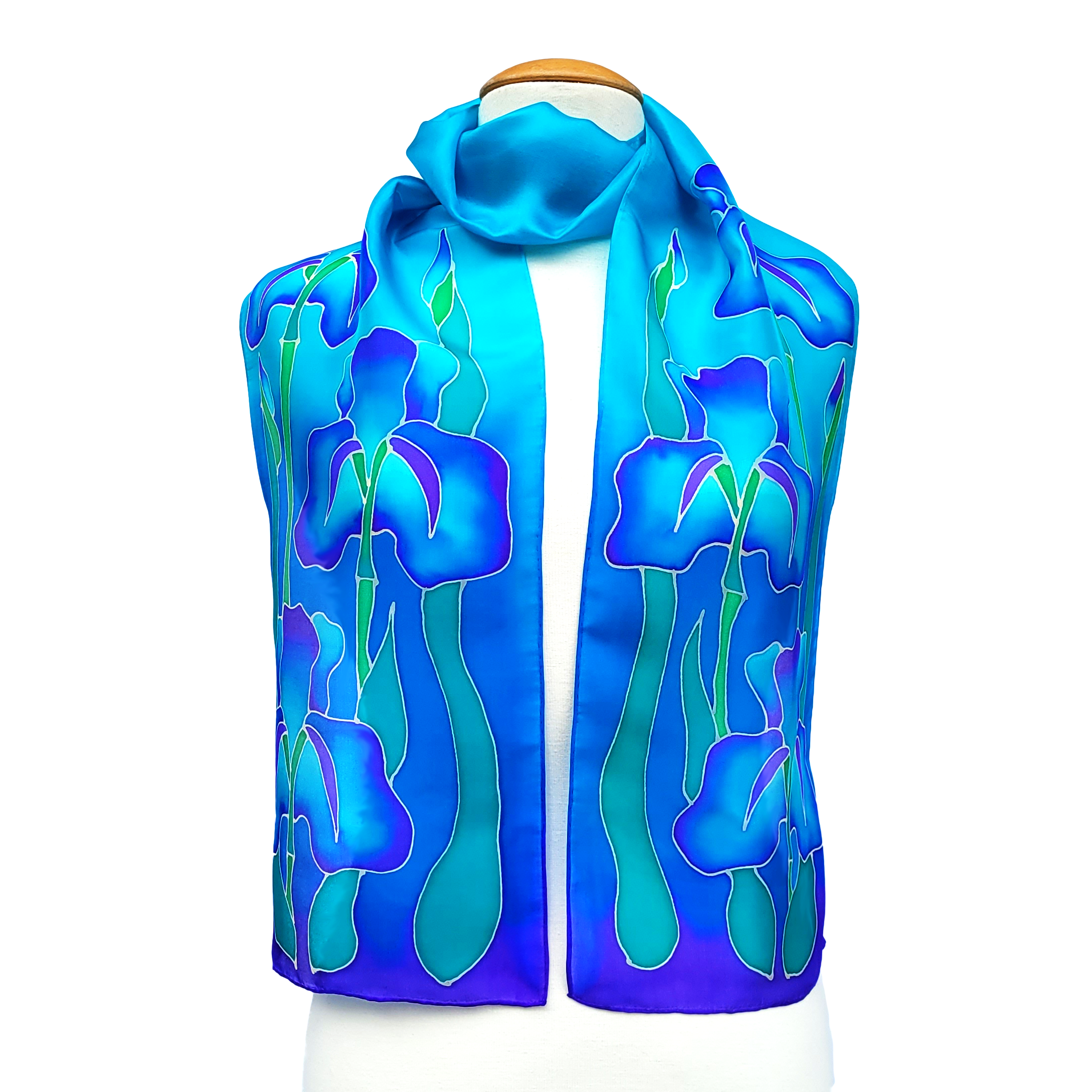 blue iris flower hand painted pure silk long scarf handmade in Canada by Lynne Kiel
