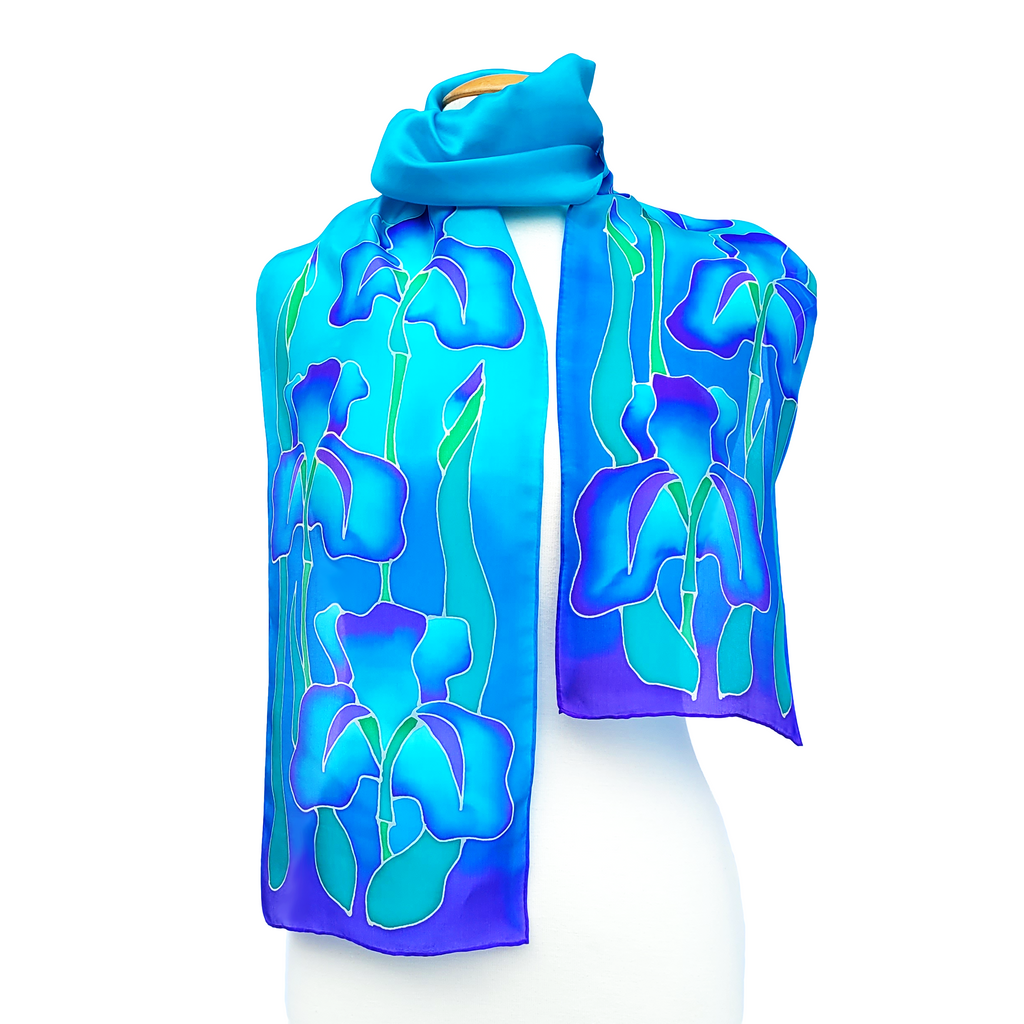 pure silk blue iris art scarf handpainted long scarf made in Canada by Lynne Kiel
