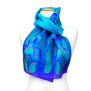 Pure silk handpainted long scarf blue iris flower design art handmade by Lynne Kiel made in Canada
