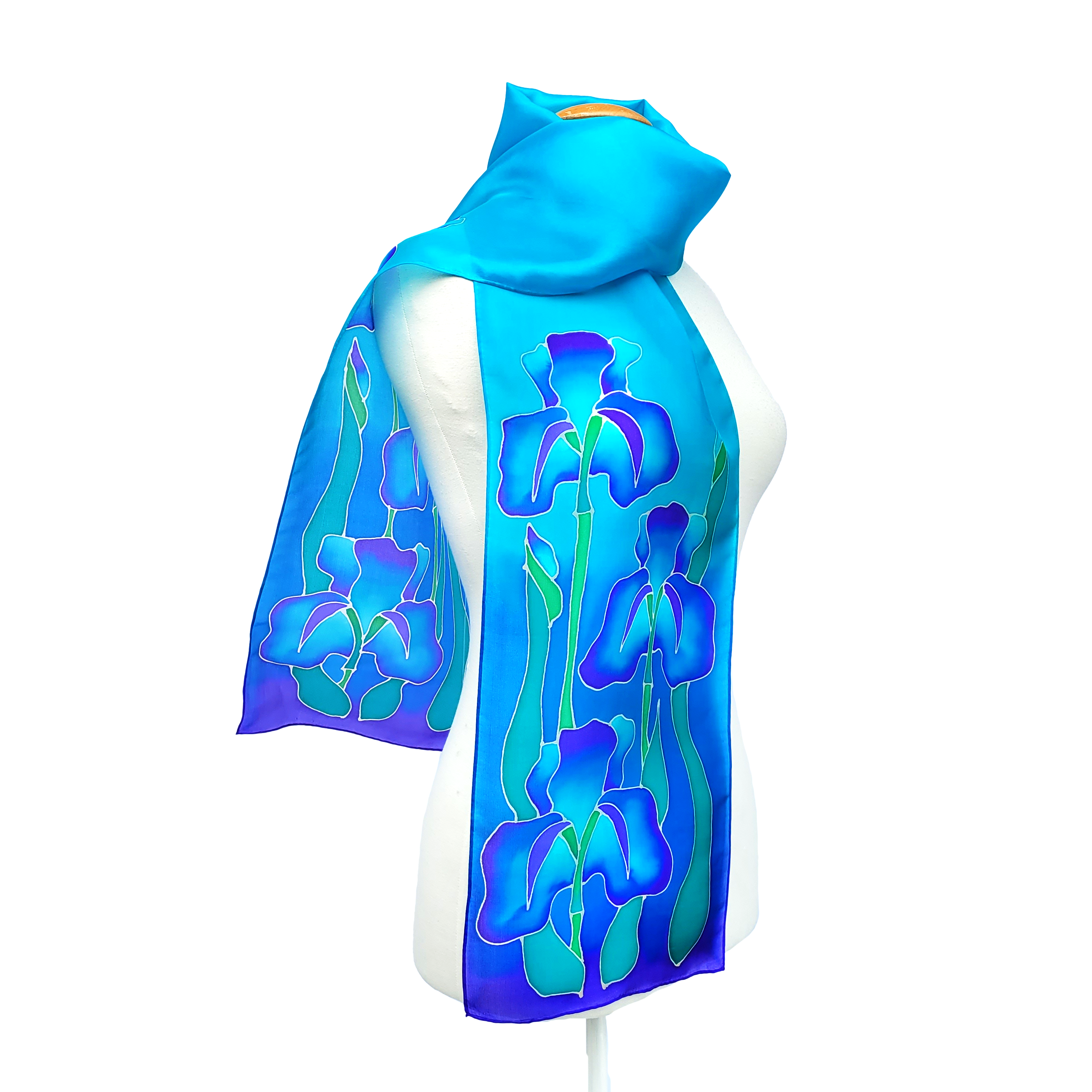 painted silk scarf handmade by Lynne Kiel blue iris flower art design