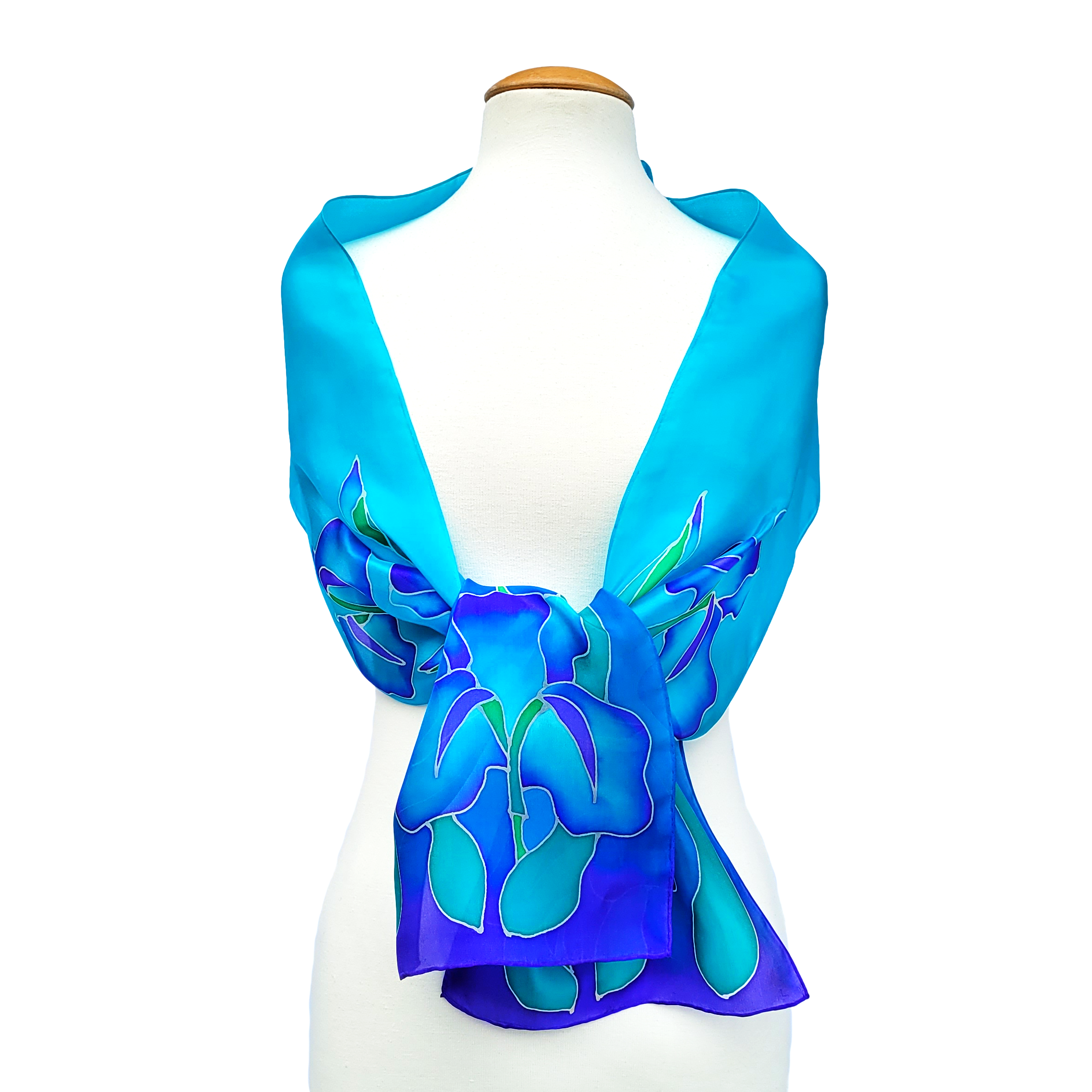 blue iris flower silk scarf hand painted art design original by Lynne Kiel handmade in Canada