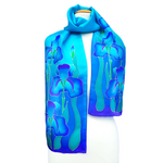 Load image into Gallery viewer, blue silk scarf hand painted iris flower art design handmade by Lynne Kiel
