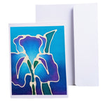 Load image into Gallery viewer, A hand painted pure silk original art card greeting card with a stylized floral design in blue, purple, and green, shown in front of a plain white envelope on a white background.
