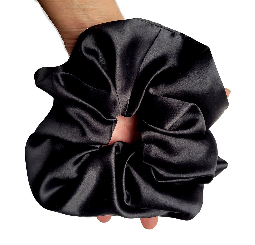 pure silk oversized black scrunchie ponytail holder hair tie handmade by Lynne Kiel made in canada