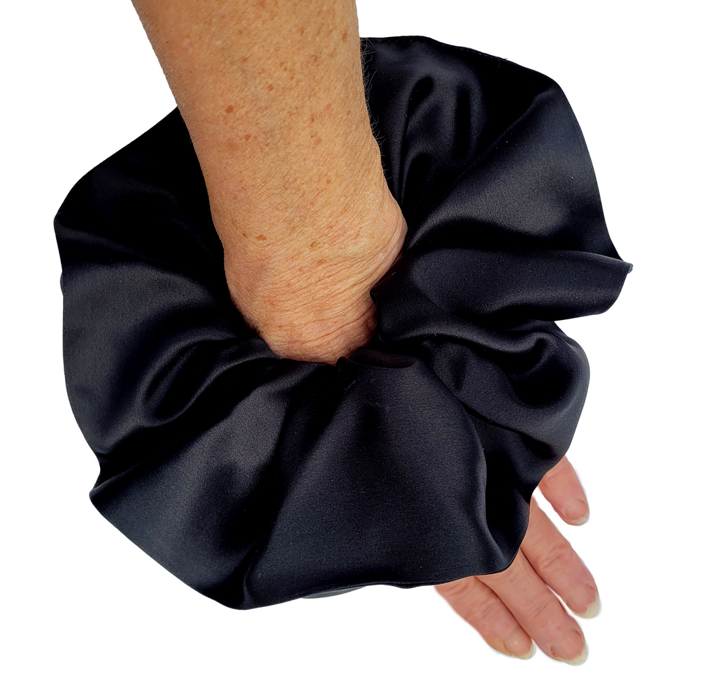 large oversized jumbo scrunchie ponytail holder black pure silk satin charmeuse handmade by Lynne Kiel made in Canada