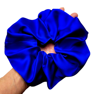 Royal blue pure silk hair tie jumbo oversized scrunchie ponytail holder handmade in Canada by Lynne Kiel