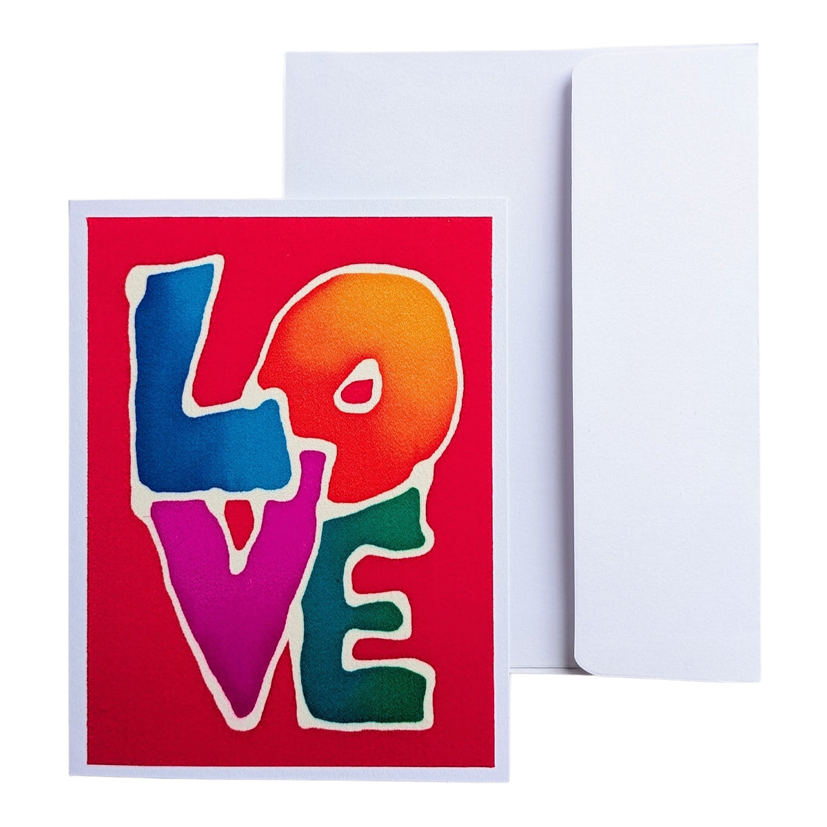 A hand painted pure silk original art greeting card with a bright red background and the word 'LOVE' spelled out in large, colorful letters outlined in white, shown with a plain white envelope behind it on a white background.