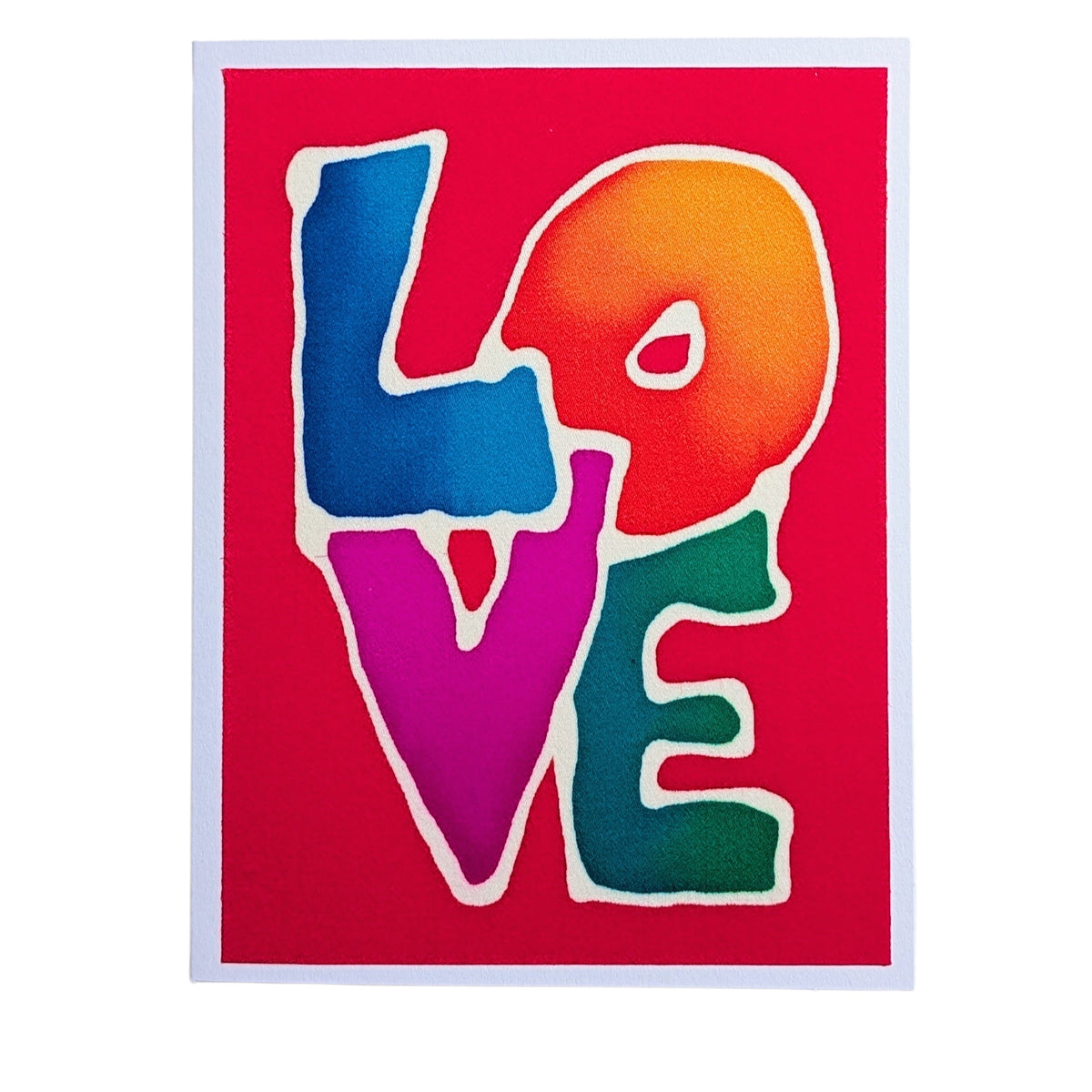 Ahand painted pure silk original art greeting card featuring the word 'LOVE' in large, colorful gradient letters outlined in white on a bright red background, with a thin white border around the print.