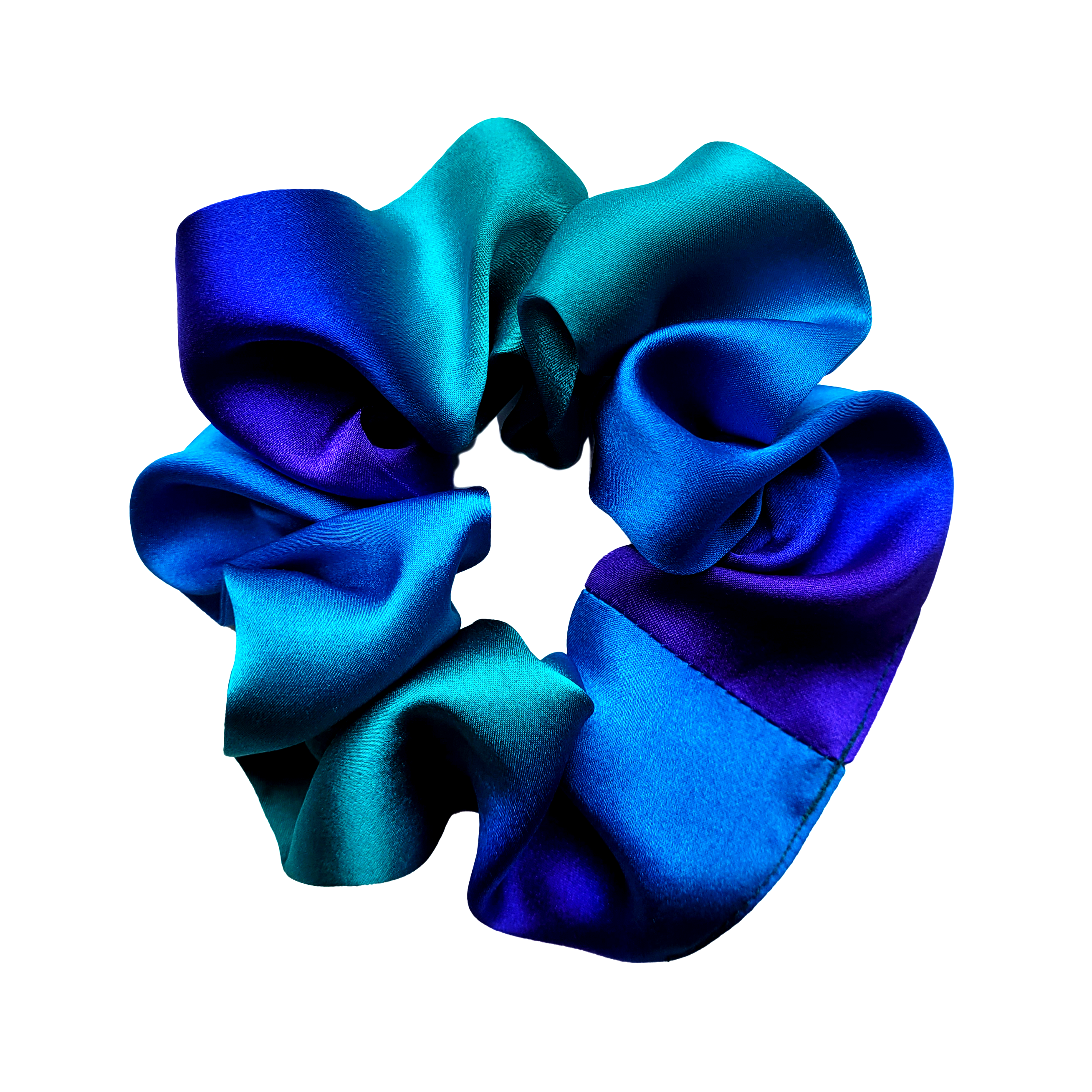 pure silk medium size scrunchie purple blue green color ponytail holder handmade in Canada by Lynne Kiel