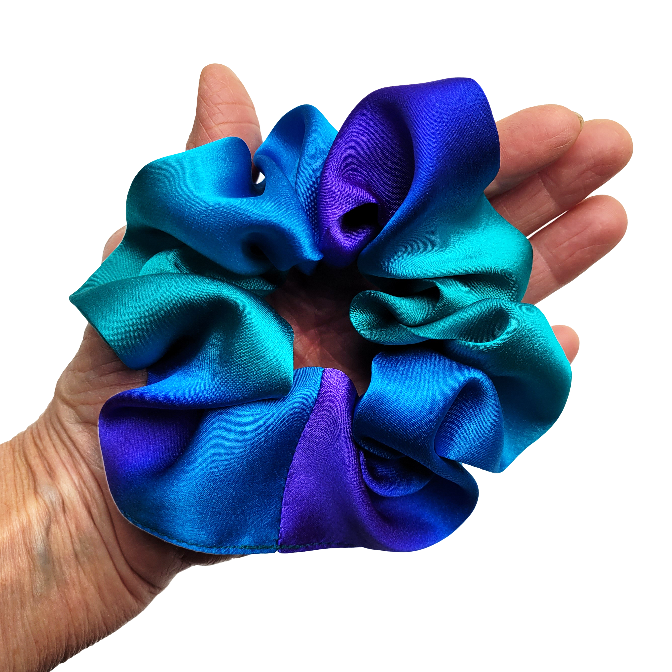 pure silk medium size scrunchie hair tie ponytail holder purple blue green color handmade in Canada by Lynne Kiel