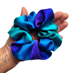 Load image into Gallery viewer, pure silk medium size scrunchie hair tie ponytail holder purple blue green color handmade in Canada by Lynne Kiel
