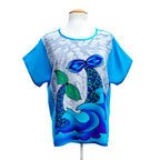 turquoise blue ladies top hand painted mermaid tails art design handmade in Canada by Lynne Kiel