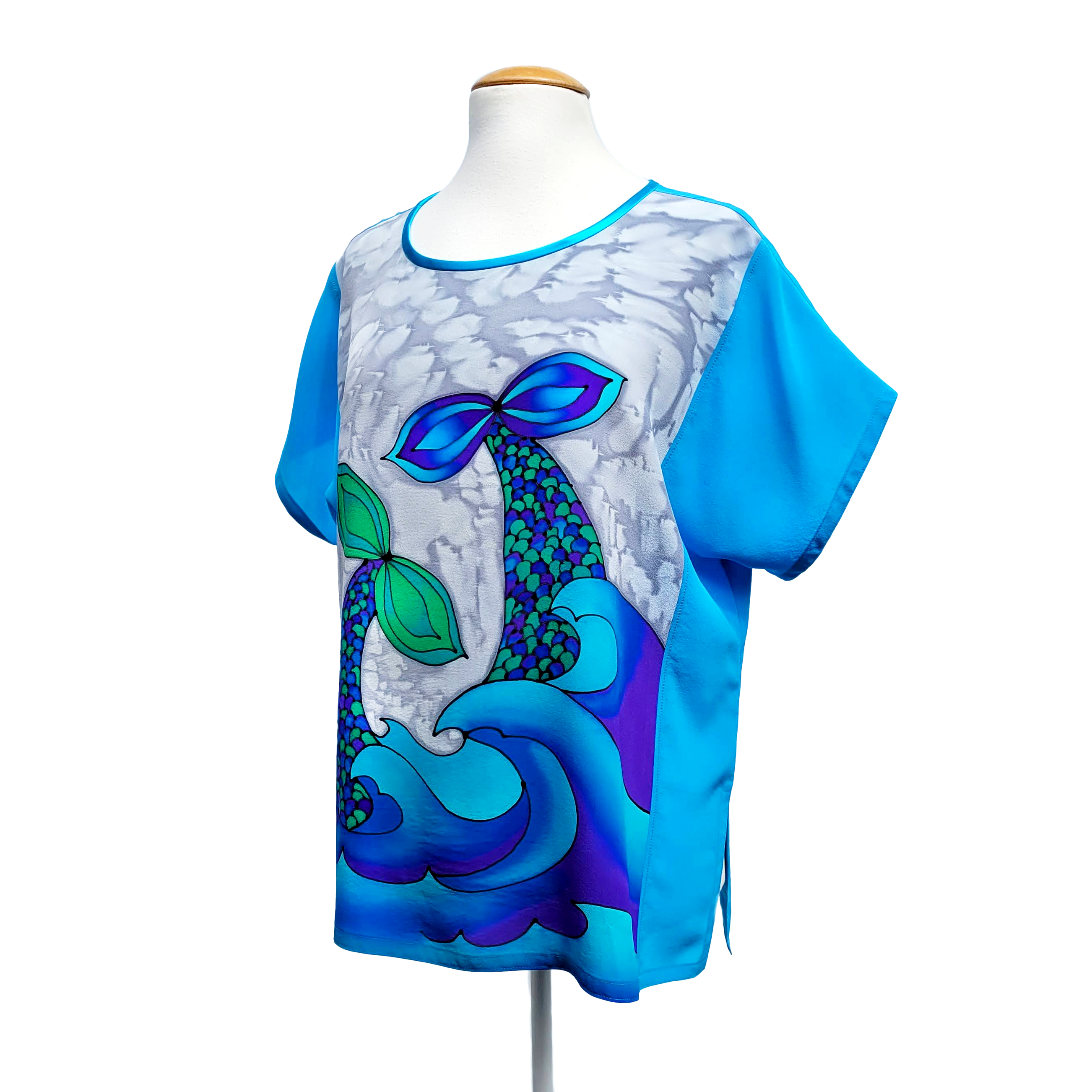 Blue mermaid tail design art top pure silk handpainted by Lynne Kiel