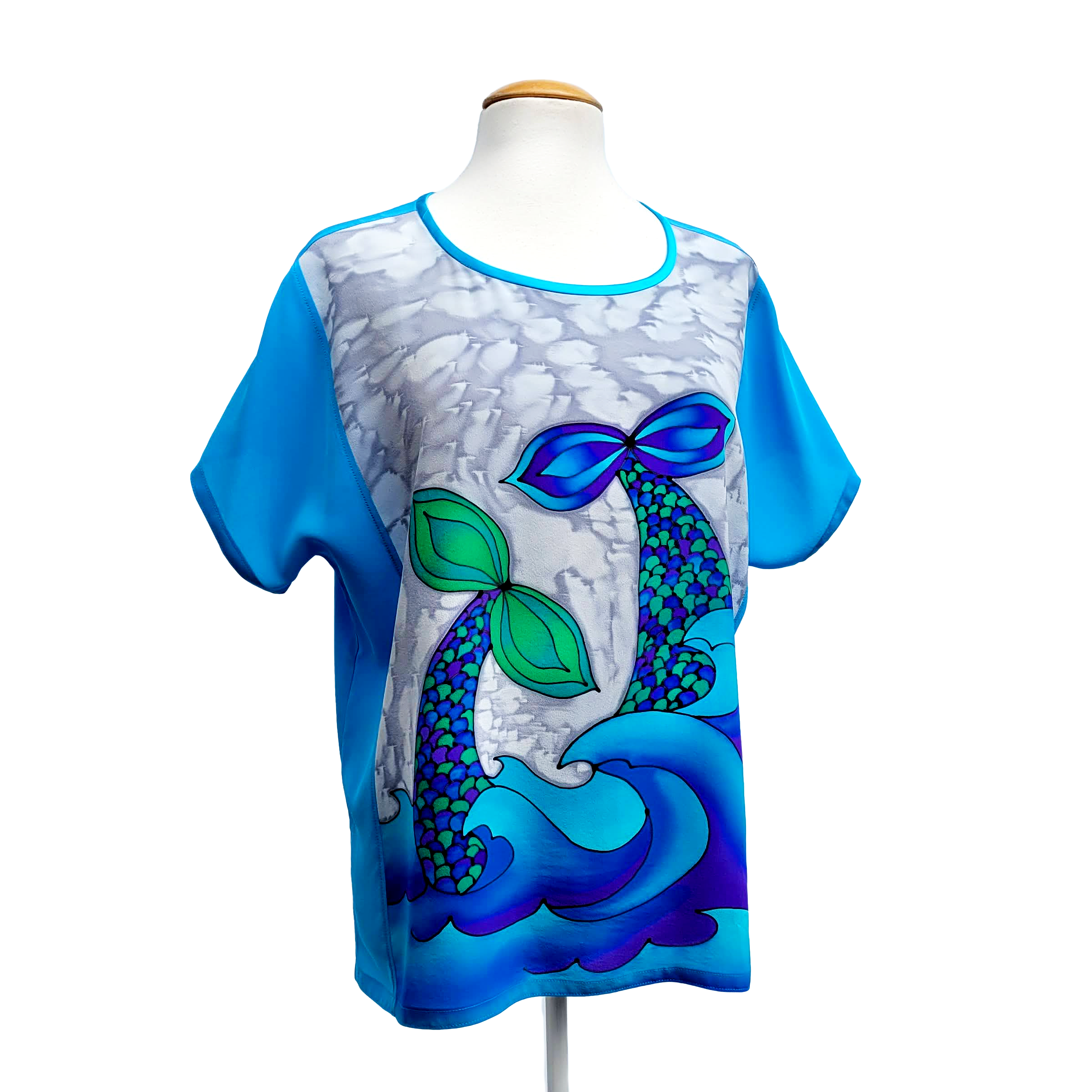 BLUE MERMAID TAILS Hand Painted Silk T-TOP Luxurious Soft Loose Fit