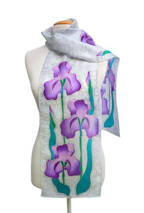pure silk hand painted scarf mauve purple iris flower art design on silver background handmade by Lynne Kiel made in Canada