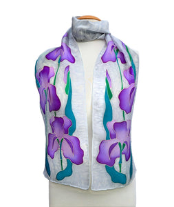 purple mauve iris flower handpainted silk scarf handmade by Lynne Kiel made in Canada