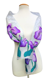 pure silk long scarf mauve purple iris flower art design silver background handmade by Lynne Kiel made in Canada