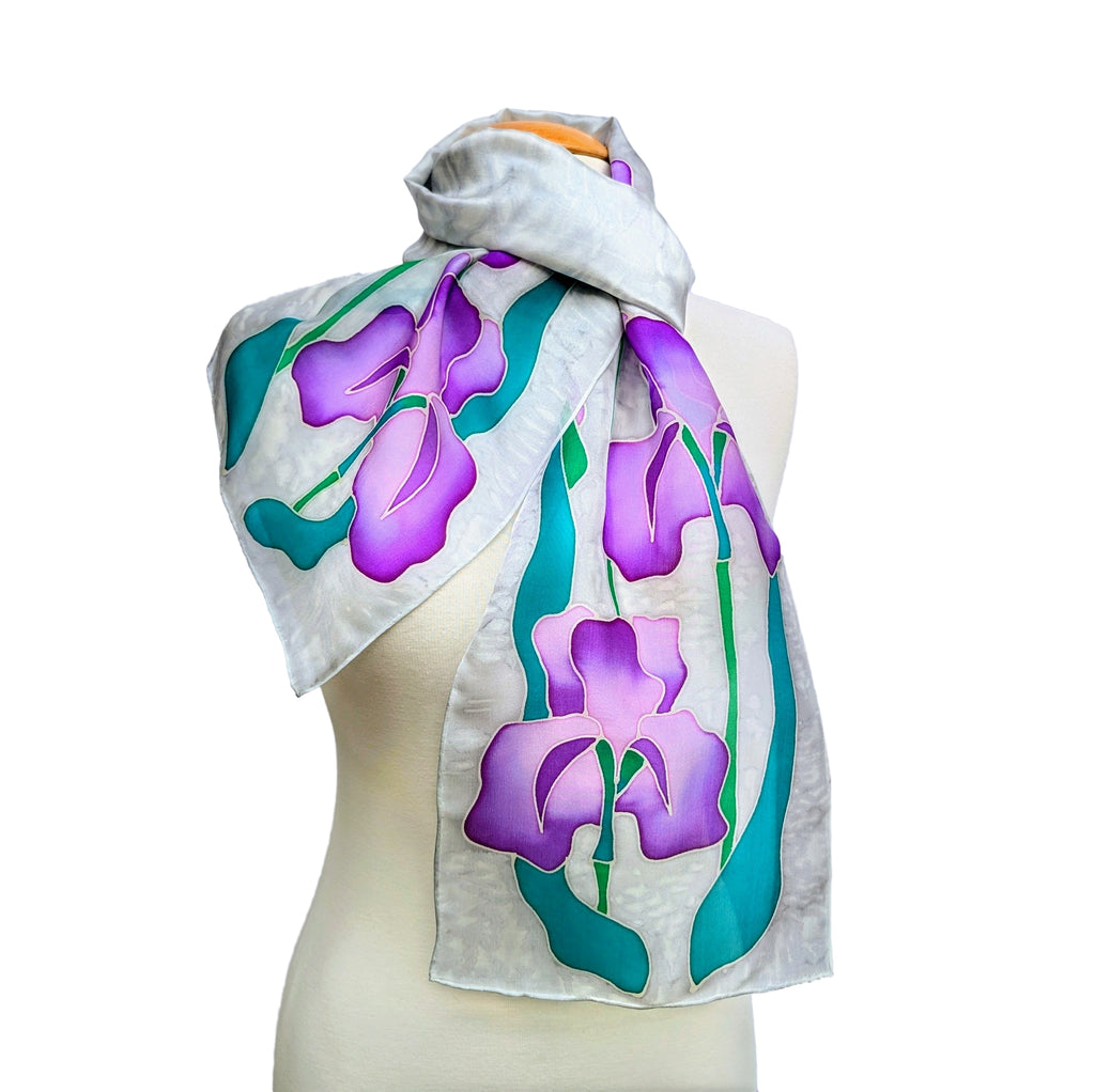pure silk hand painted long scarf mauve purple iris flower art design handmade in Canada by Lynne Kiel