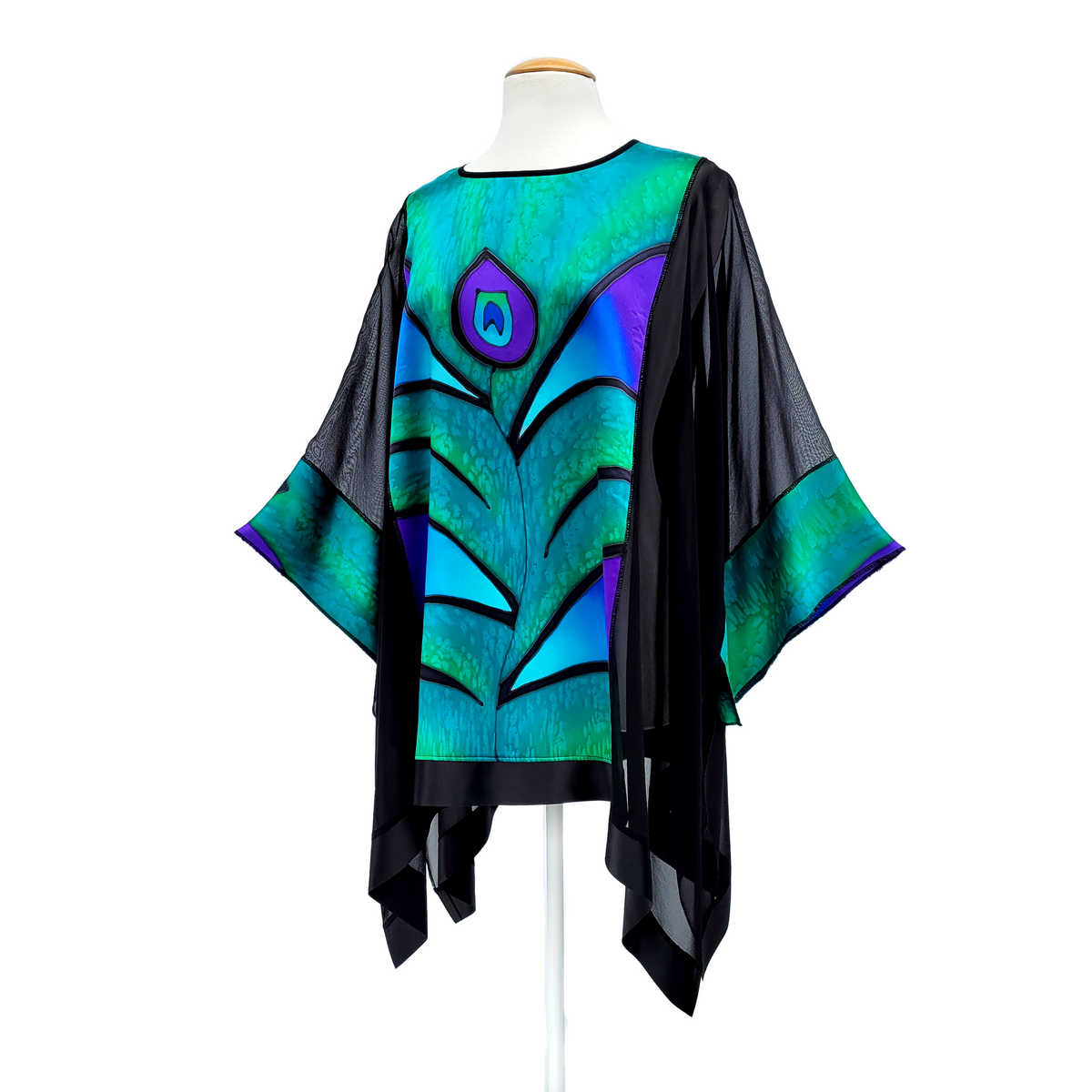 blue and green hand painted peacock feather design art hand made by Lynne Kiel