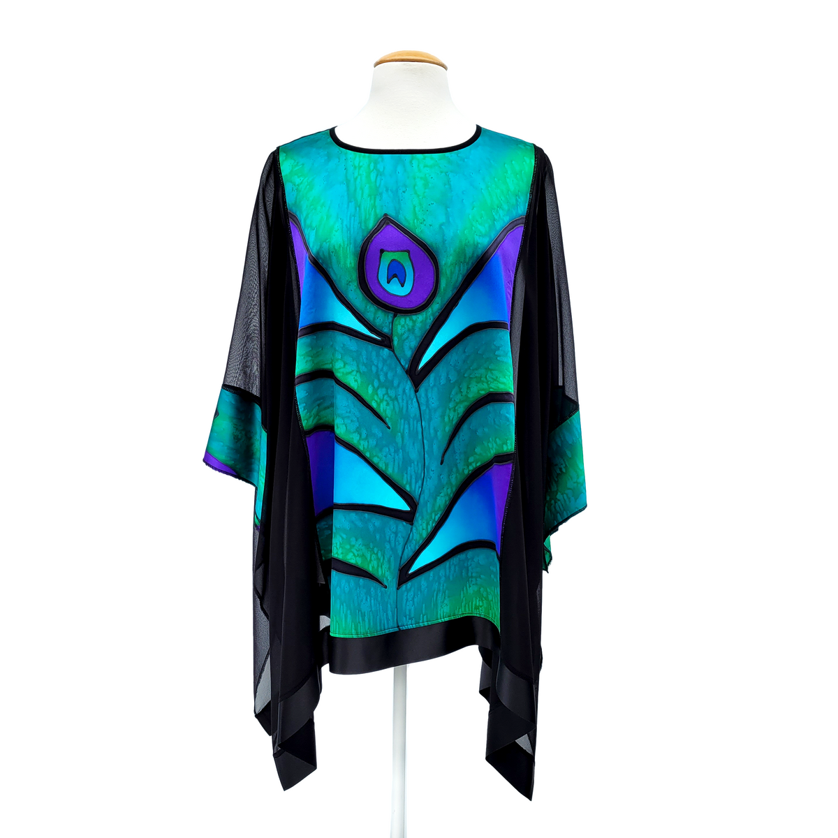 ladies one size caftan top pure silk hand painted peacock feather art design handmade by Lynne Kiel