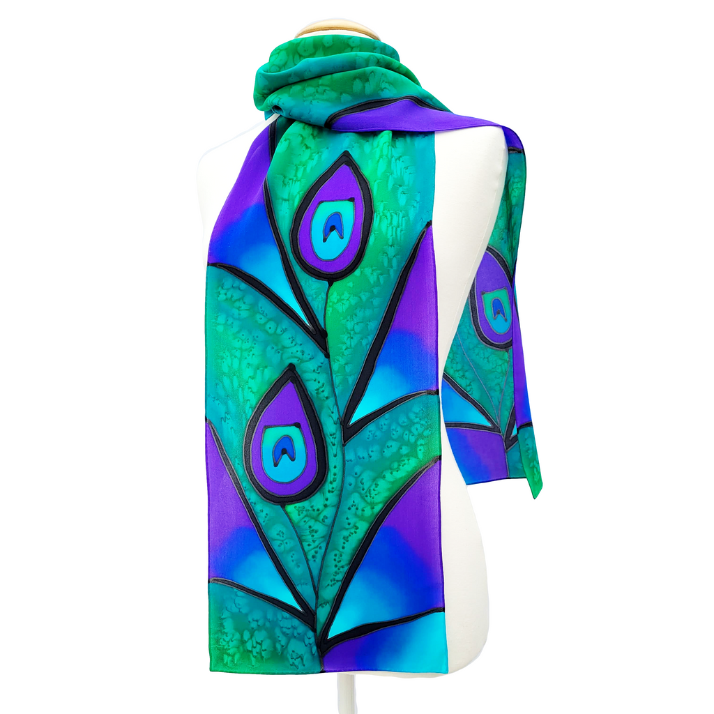 green silk scarf hand painted pure silk peacock feather art design handmade by Lynne Kiel