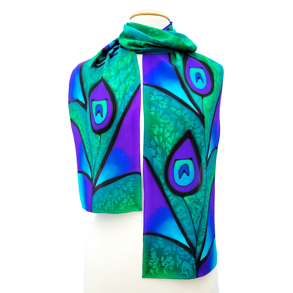 green pure silk long scarf hand painted peacock feather art design handmade by Lynne Kiel