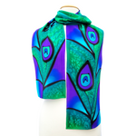 Load image into Gallery viewer, green pure silk long scarf hand painted peacock feather art design handmade by Lynne Kiel
