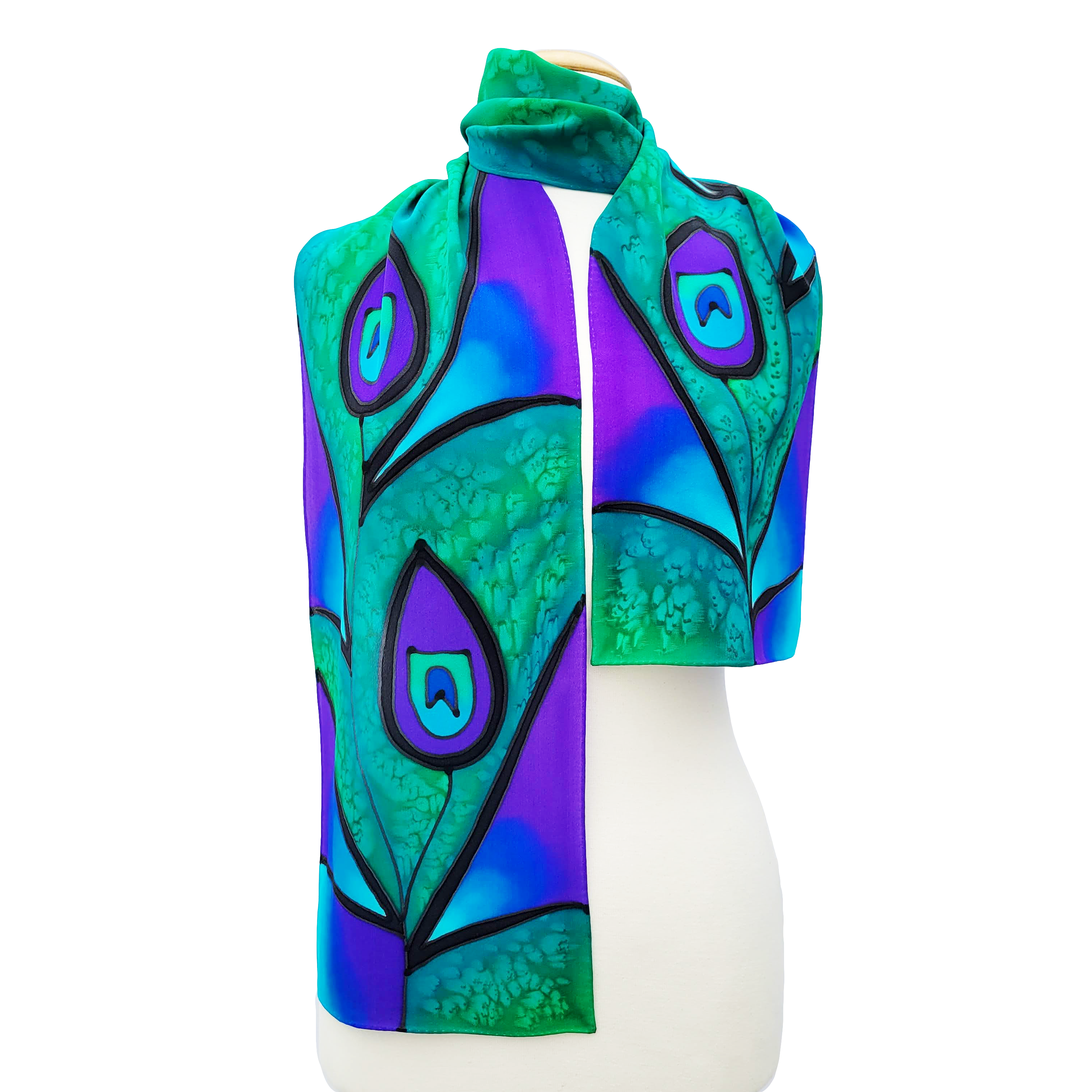 pure silk long green scarf handpainted peacock feather art design handmade by Lynne Kiel