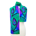 Load image into Gallery viewer, pure silk long green scarf handpainted peacock feather art design handmade by Lynne Kiel
