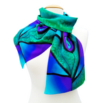 Load image into Gallery viewer, hand painted pure silk long scarf green purple peacock feather art design handmade by Lynne Kiel
