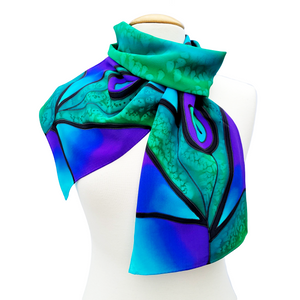 hand painted pure silk long scarf green purple peacock feather art design handmade by Lynne Kiel