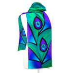 Load image into Gallery viewer, pure silk green long scarf hand painted peacock feather art design green purple color handmade by Lynne Kiel
