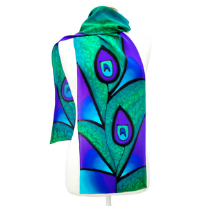 pure silk green long scarf hand painted peacock feather art design green purple color handmade by Lynne Kiel