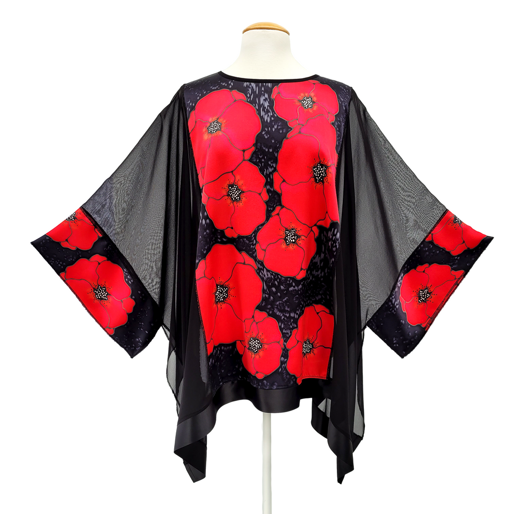 pure silk caftan top hand painted red poppies on black one size ladies top hand made by Lynne Kiel