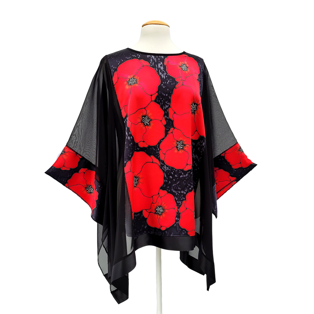 one size ladies caftan top big red poppie design art hand painted silk handmade by Lynne Kiel