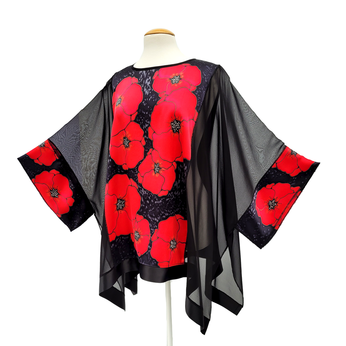 hand painted silk red poppy art design handmade in canada by Lynne Kiel