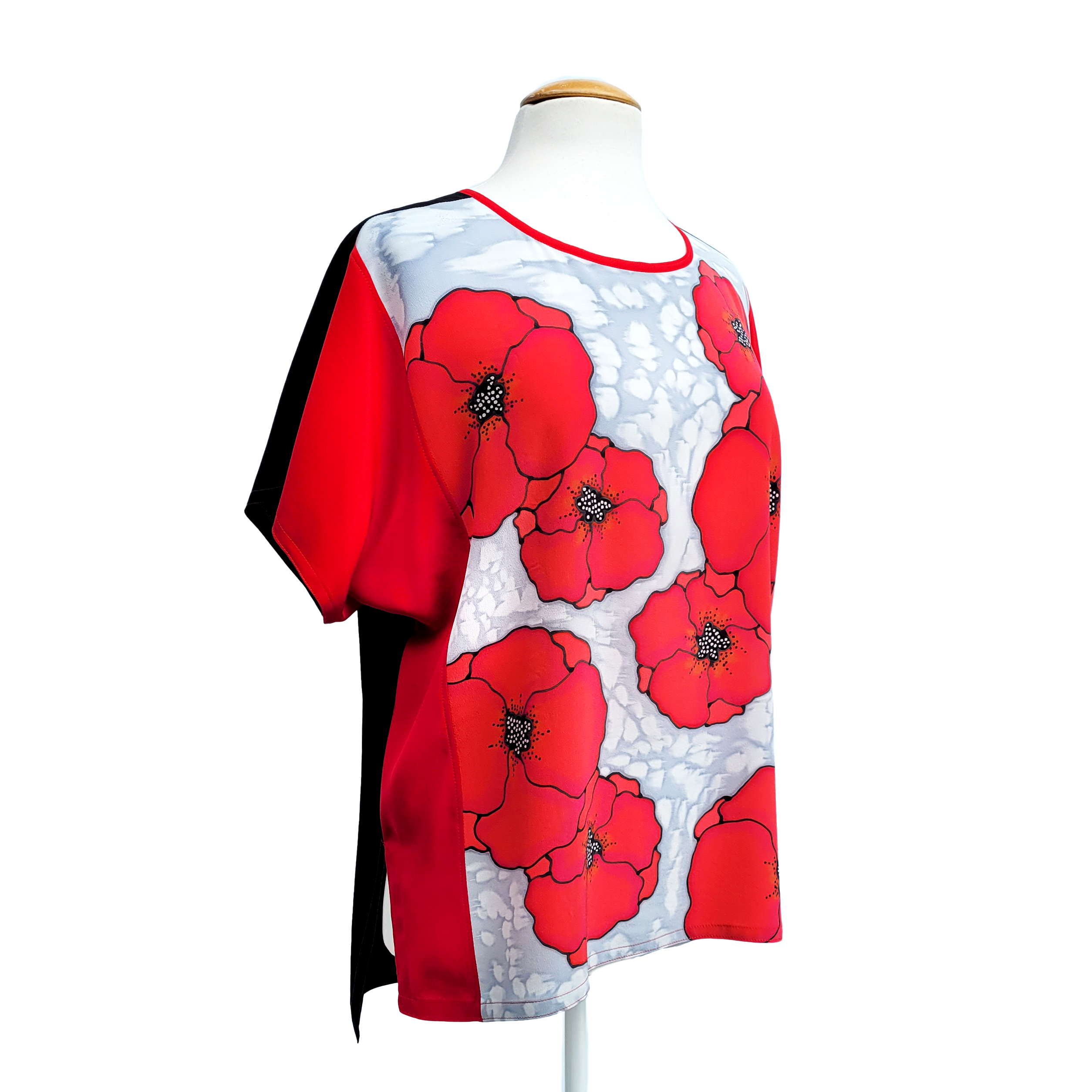ladies t-top ladies short sleeve blouse hand painted red poppy art handmade by Lynne Kiel