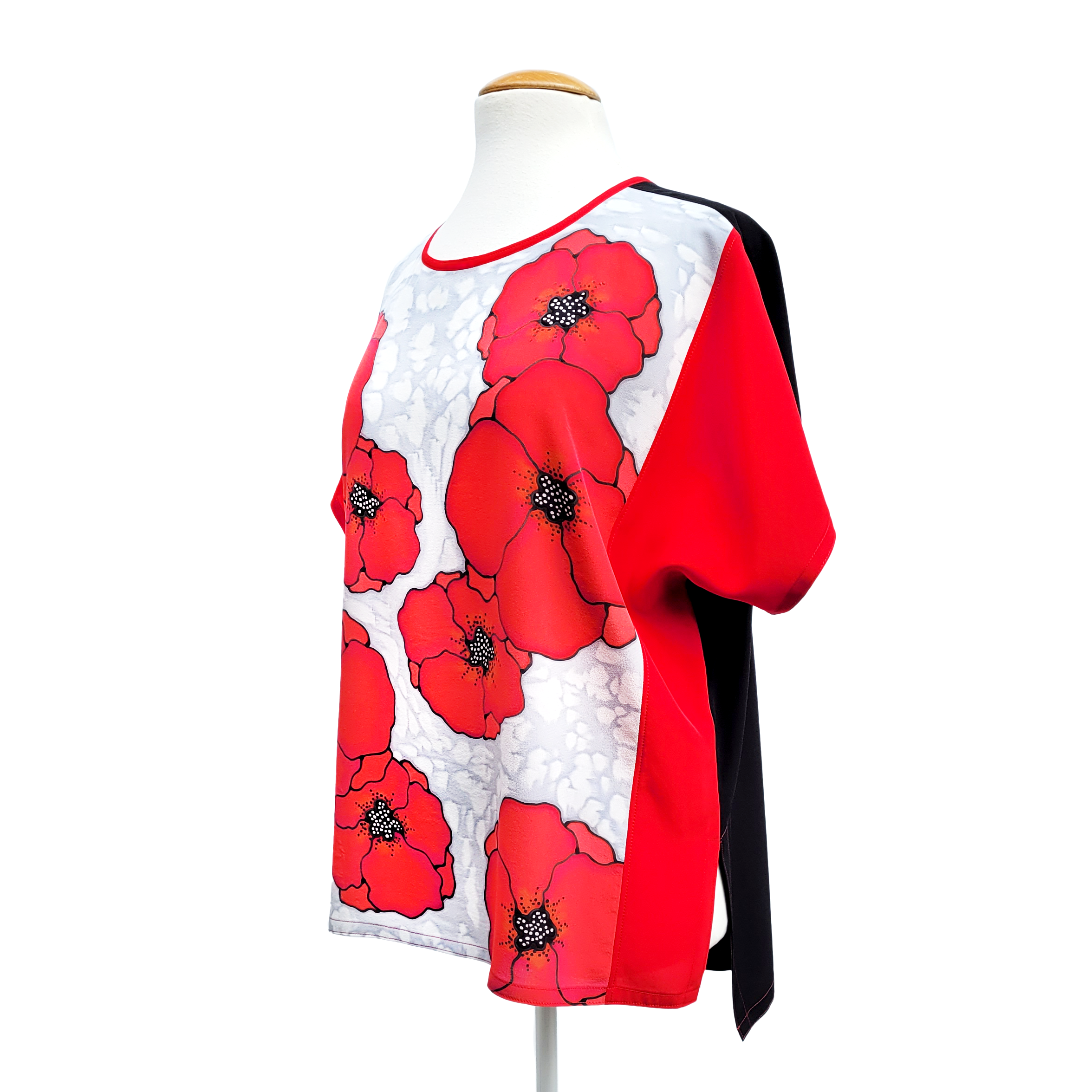 big red poppies on silver grey ladies top hand painted art design handmade by Lynne Kiel